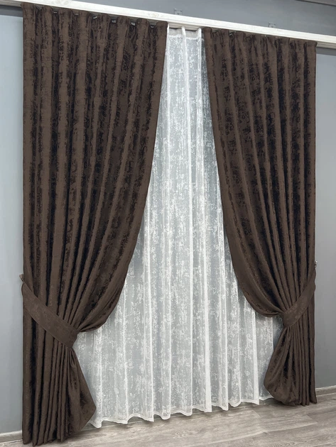 Комплект штор VR-Textil Жаккард Мрамор 100х270 2шт и Тюль 400х270 1122ш-1400т Венге с белым 71-191/2 - изображение 2
