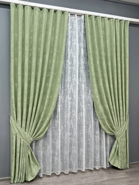 Комплект штор VR-Textil Жакард Мармур 100х270 2шт і Тюль 300х270 1147ш-1400т Світло-оливковий з білим 71-192/1 - Фото 2 Комплект штор VR-Textil Жакард Мармур 100х270 2шт і Тюль 300х270 1147ш-1400т Світло-оливковий з білим 71-192/1 - зображення 2