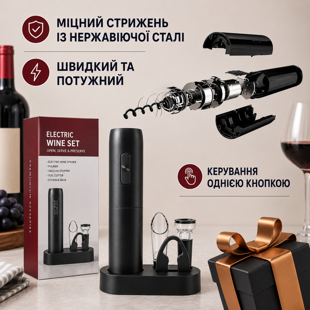 Электрический штопор для открывания вина в подарочной упаковке с аэратором, пробкой и ножом для фольги - изображение 5