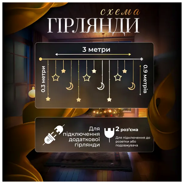 Гирлянда штора светодиодная 3 м 12 фигур для дома желтый HM-4710 - изображение 2