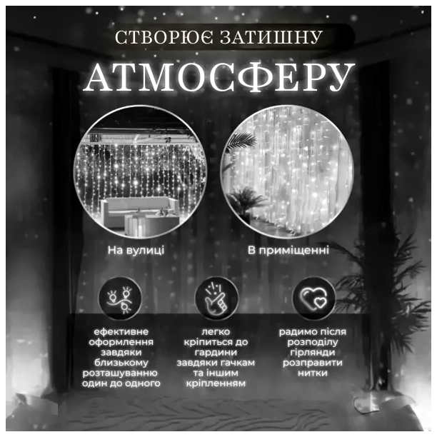 Гирлянда водопад 210 светодиодов 8 режимов для дома 3х2 метра белый HM-4717 - изображение 2
