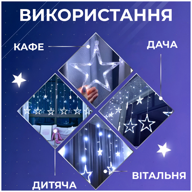 Гирлянда штора 108 LED 8 режимов для дома 12 звезд HM-0697 - изображение 7