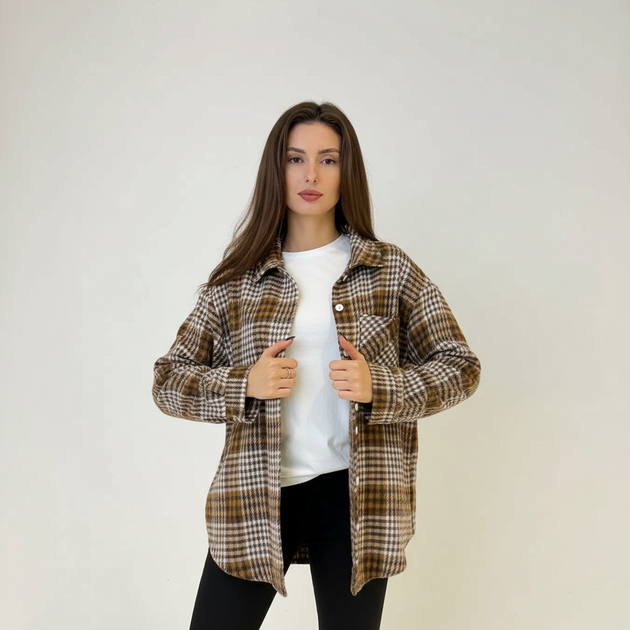 Сорочка жіноча фланель коричнево-молочна клітинка, L;XL - Фото 5 Сорочка жіноча фланель коричнево-молочна клітинка, L;XL - изображение 5