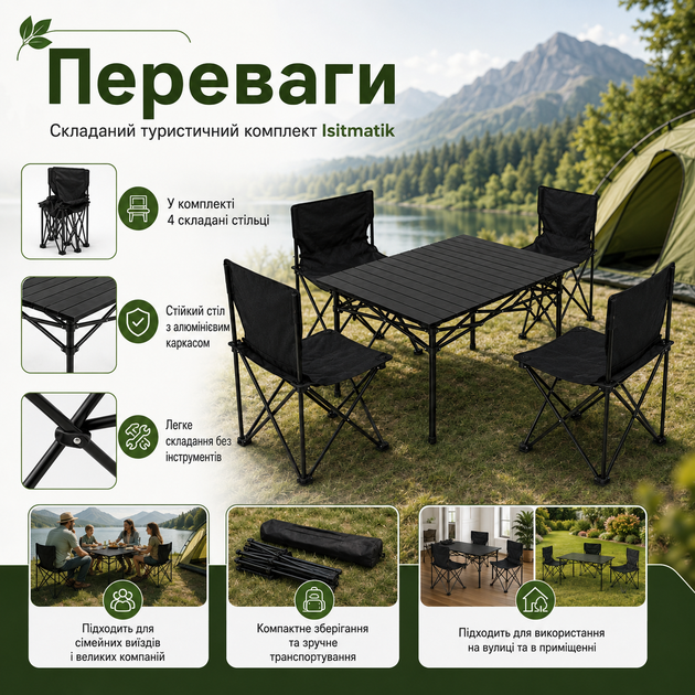 Складной туристический комплект Isitmatik со столом 120×55×50 см и четырьмя стульями 38×38×64 см, мебель для пикника, кемпинга, дачи, рыбалки, отдыха на природе, алюминиевый каркас, компактная конструкция для удобной транспортировки - Фото 3 Складной туристический комплект Isitmatik со столом 120×55×50 см и четырьмя стульями 38×38×64 см, мебель для пикника, кемпинга, дачи, рыбалки, отдыха на природе, алюминиевый каркас, компактная конструкция для удобной транспортировки - изображение 3
