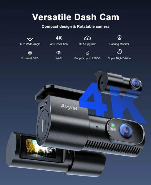 Автомобільна відеокамера Avylet Dash Cam – фронт + зад / 4K / Wi-Fi - зображення 2