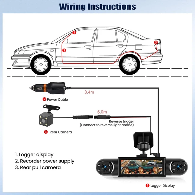 Автомобильный видеорегистратор 4 Channel Dash Cam 1080P + 3 камеры, ночное видение, IPS дисплей 3.16” - изображение 2