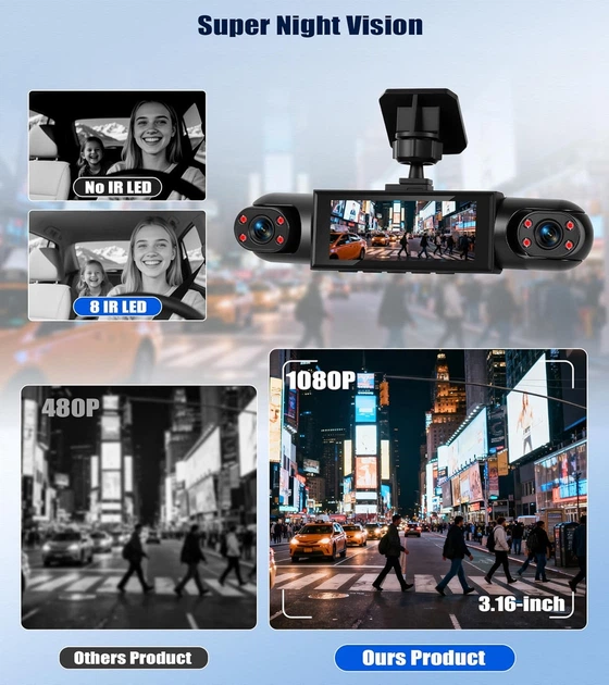 Автомобильный видеорегистратор 4 Channel Dash Cam 1080P + 3 камеры, ночное видение, IPS дисплей 3.16” - изображение 5