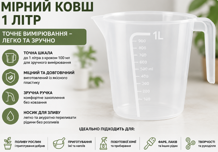 Мірний кухоль 1 л пластиковий, мірна ємність зі шкалою 100–1000 мл, стакан мірний для води, добрив, фарби та рідин - зображення 2
