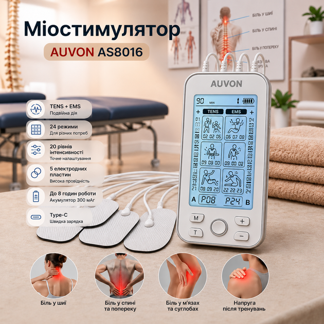 Аккумуляторный мышечный стимулятор AUVON TENS AS8016 Silver, 24 режима, Type-C, электроимпульсный массажер, 5 электродных пластин - изображение 2