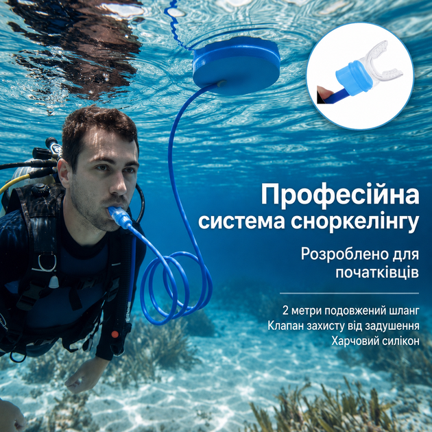 Профессиональная система сноркелинга и дайвинга с двойной трубкой 2 м (пищевой силикон) - Фото 5 Профессиональная система сноркелинга и дайвинга с двойной трубкой 2 м (пищевой силикон) - изображение 5