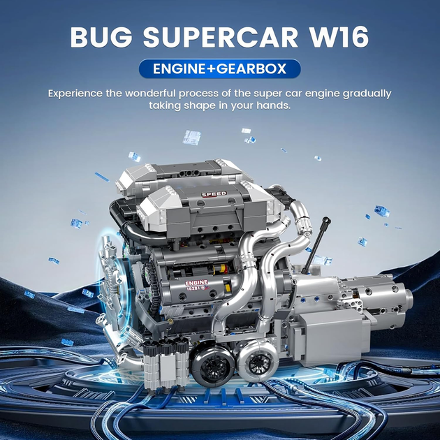 Конструктор двигатель гиперкара W16 Mould King 10201 с электромотором 2024 детали модель двигателя W16 Twin Turbo с коробкой перед - изображение 4