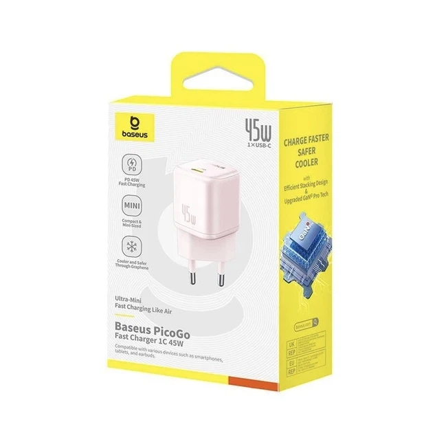 Мережевий зарядний пристрій Baseus PicoGo GaN Fast Charger 1C 45W Pink P10176800413-00 - зображення 6