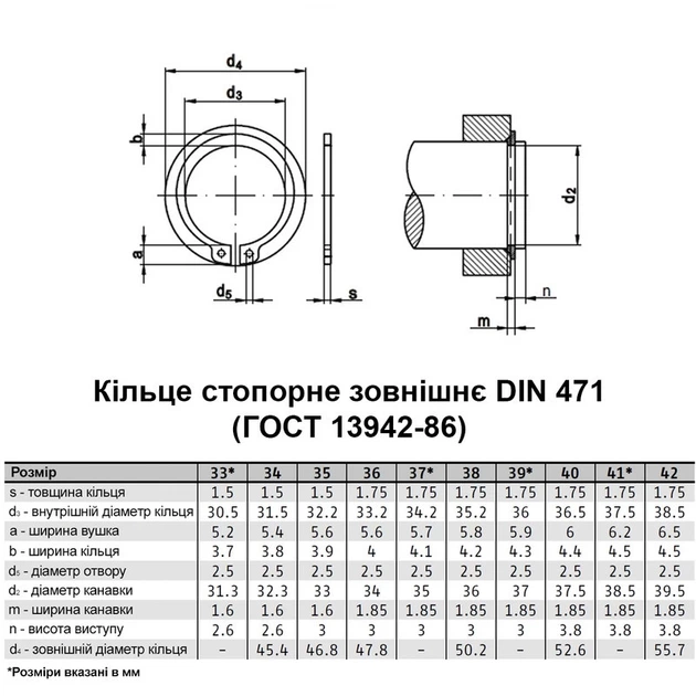 Кольцо стопорное наружное ⌀35 DIN471 толщина 1,5мм сталь без покрытия (50шт.) [95PK1000095PK10350] Metalvis - изображение 2