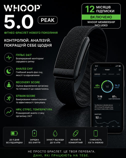 Фітнес-браслет WHOOP 5.0 Peak трекер пульсу, сну та відновлення Membership Included - изображение 3