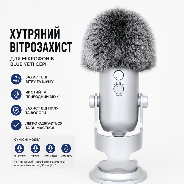Хутряна вітрозахисна насадка для мікрофонів Blue Yeti, Yeti X, Yeti Nano, Yeti Pro - Фото 2 Хутряна вітрозахисна насадка для мікрофонів Blue Yeti, Yeti X, Yeti Nano, Yeti Pro - зображення 2