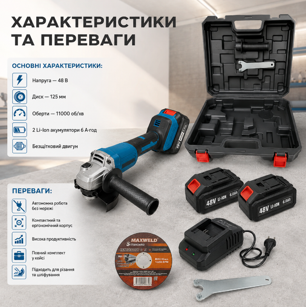 Аккумуляторная угловая шлифмашина RB-2353 48 В с бесщеточным двигателем, 2 Li-Ion аккумуляторы 6 А·ч, диск 125 мм, кейс - изображение 3
