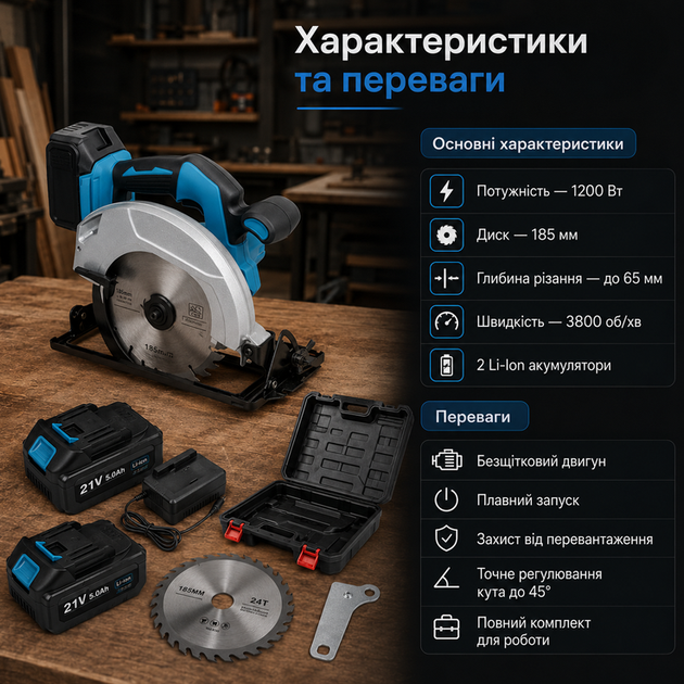 Аккумуляторная циркулярная пилка 185 мм с бесщеточным двигателем 1200 Вт, 2 Li-Ion аккумуляторы и кейс - изображение 3