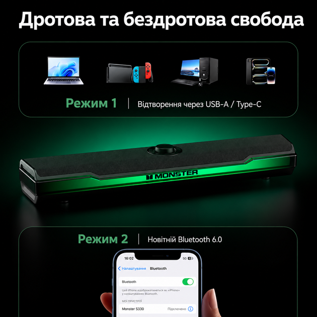 Соундбар MONSTER S330 20W RGB Bluetooth бездротовий акустична система для телевізора Smart TV проектора ПК ноутбука домашнього кінотеатру звукова панель саундбар для TV Android iPhone планшета потужний стереозвук - зображення 6