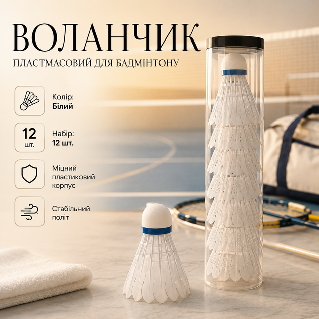 Набір 12 шт. воланчиків пластмасових для бадмінтону Білий (з пір'ям) - Фото 1 Набір 12 шт. воланчиків пластмасових для бадмінтону Білий (з пір'ям) - зображення 1
