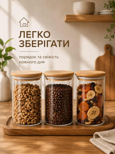 Набор емкостей для хранения сыпучих продуктов 500+700+1100 мл банка стеклянная с деревянной крышкой кухонная прозрачная для крупного кофе чая сахара - изображение 10