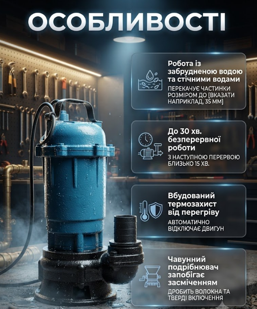 Насос для грязной воды CHAMPION 3950 Вт погружной со шлангом 20 м производительность 10 м3 ч высота подъема 10 м диаметр подключения 2 дюйма 230 В - изображение 2