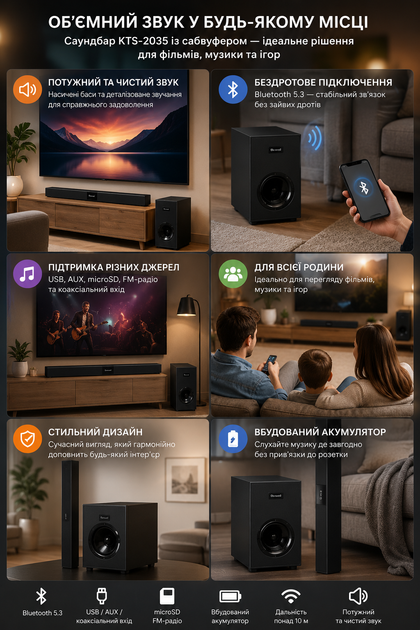 Саундбар KTS-2035 с Bluetooth 5.3, USB, AUX и коаксиальным входом, черный - изображение 2