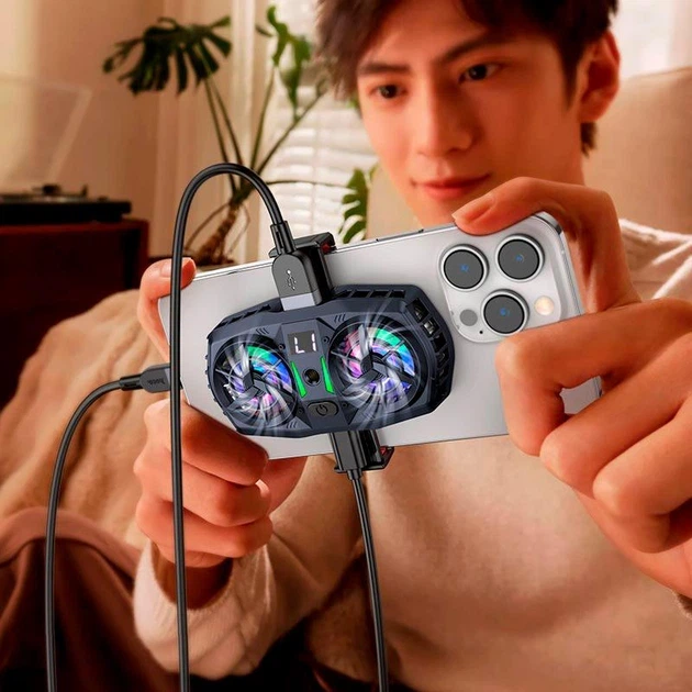 Кулер для охлаждения телефона HOCO GM36 Mustango mobile phone dual cooler с двойным вентилятором и RGB-подсветкой Черный - Фото 6 Кулер для охлаждения телефона HOCO GM36 Mustango mobile phone dual cooler с двойным вентилятором и RGB-подсветкой Черный - изображение 6