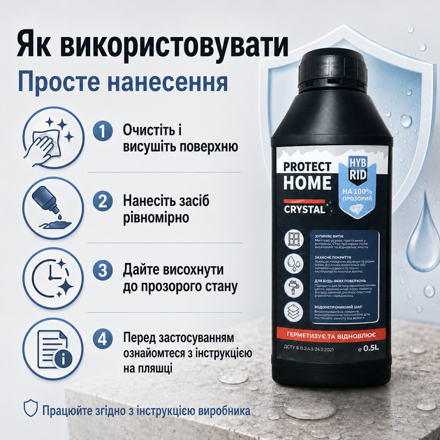 Гидрофобное покрытие Protect Home Crystal Гидрофобная пропитка 500 мл Водоотталкивающие покрытия Гидрофобный спрей - изображение 3