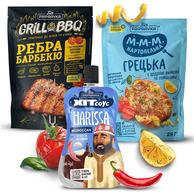 Набор приправ и соус Pripravka Grill&BBQ Ребра барбекю, М-м-м Картошечка Греческая, Хит соус Harissa Moroccan 180 г (2080005269532) - изображение 2