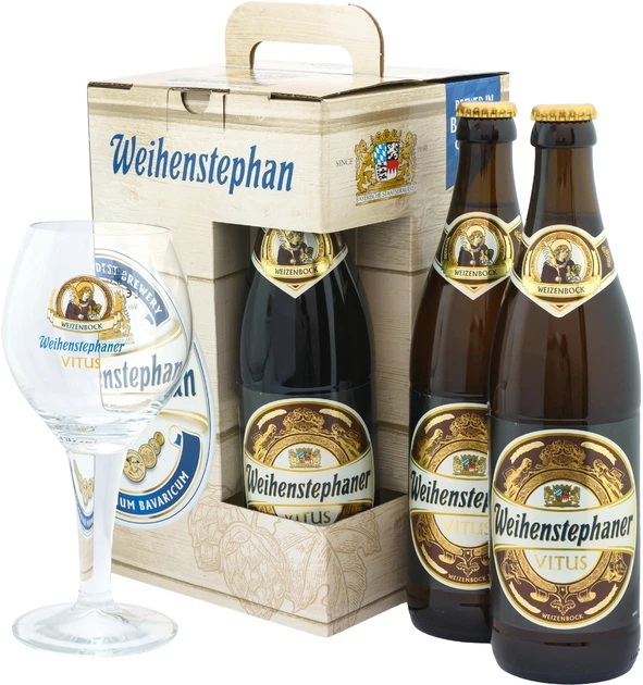 Набор пива Weihenstephaner Vitus Weizenbock светлое крепкое нефильтрованное 7.7% 0.5 л x 3 шт + бокал 0.3 л (4105120011496) - Фото 1 Набор пива Weihenstephaner Vitus Weizenbock светлое крепкое нефильтрованное 7.7% 0.5 л x 3 шт + бокал 0.3 л (4105120011496) - изображение 1