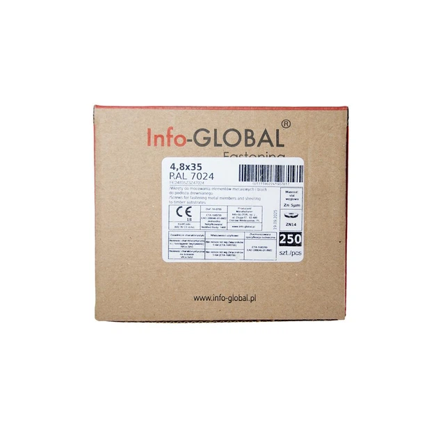 Саморіз покрівельний INFO-GLOBAL по дереву з гумовою шайбою EPDM RAL 7024 графіт, 4,80х35 мм, 250 шт - зображення 3