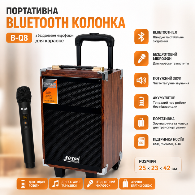 Bluetooth-колонка B-Q8 для караоке с беспроводным микрофоном, портативная акустическая система, 25×23×42 см - Фото 1 Bluetooth-колонка B-Q8 для караоке с беспроводным микрофоном, портативная акустическая система, 25×23×42 см - изображение 1