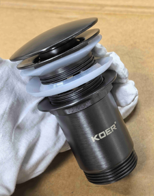 Донный клапан для раковины с переливом KOER PW-07-07 автоматический (Click-Clack) (Цвет графитовый) 1 1/4'' (KR6483) - Фото 5 Донный клапан для раковины с переливом KOER PW-07-07 автоматический (Click-Clack) (Цвет графитовый) 1 1/4'' (KR6483) - изображение 5