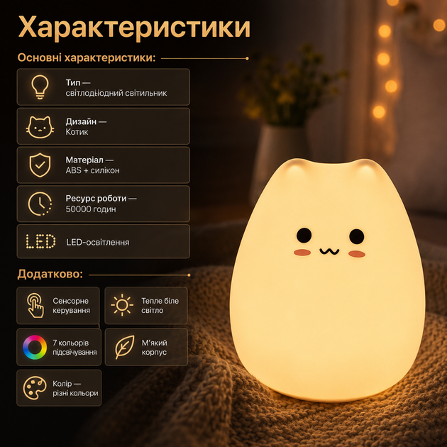 LED ночник Котик сенсорный силиконовый с 7 цветами теплым светом и мягким корпусом - изображение 3