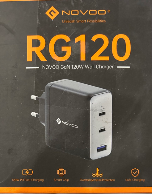 Зарядний пристрій NOVOO RG120 GaN з 3 портами потужністю 120 Вт - изображение 5