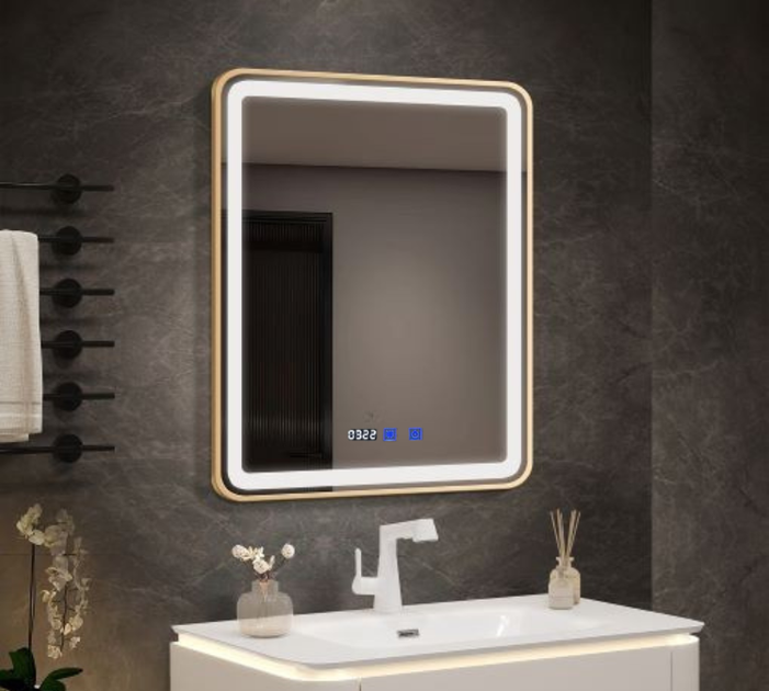 Зеркало для ванной комнаты LED Gold 80×60 см в золотой металлической раме с подогревом, часами и регулировкой яркости - изображение 2