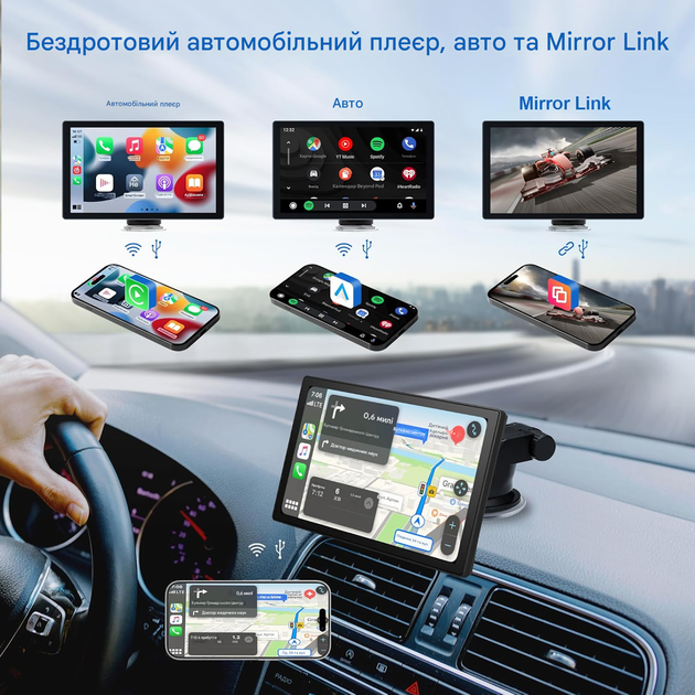 9-дюймова автомобільна стереосистема з Apple Car Play та Android Auto, портативний сенсорний екран - изображение 2