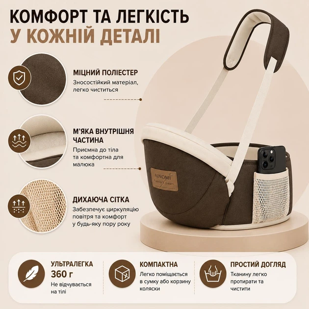 Эргономичный хипсит-переноска с плечевым ремнем AINOMI (от 3 до 36 мес, до 15 кг) коричневый - изображение 5