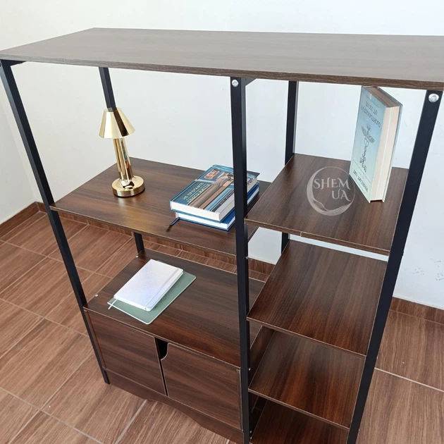 Стелаж книжковий із шафкою 120×90×34 см, підлогова етажерка з полицями ЛДСП та металевим каркасом, органайзер для зберігання книг, документів, декору та речей, меблі у стилі Loft для дому, офісу, кабінету, вітальні й передпокою Темний Горіх, MB-080-Walnut - зображення 11