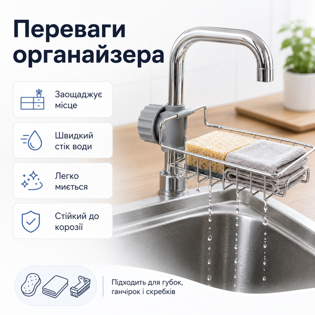 Кухонный органайзер с креплением на кран для хранения губки из нержавеющей стали Серебристый (KG-10234) - изображение 14