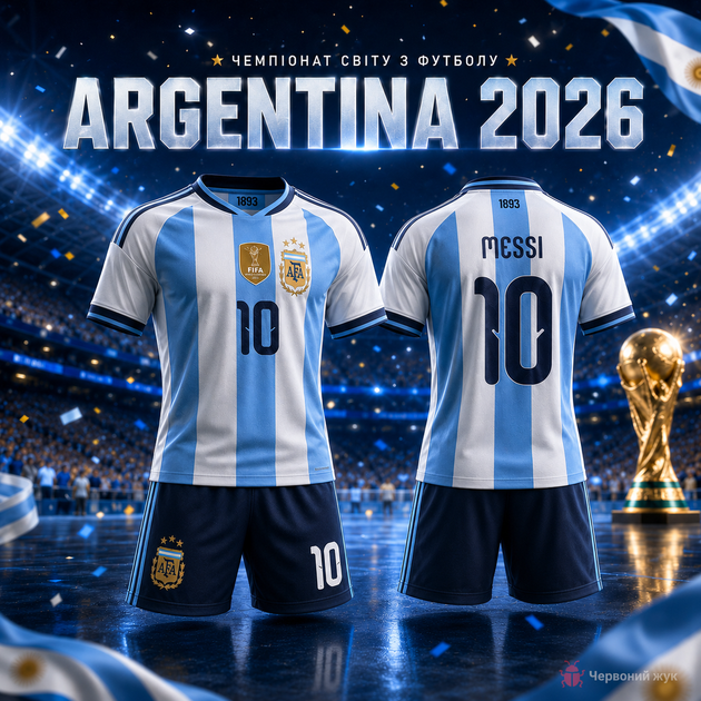 Форма футбольна дитяча Argentina 2026 Messi 10 біло-блакитна комплект футболка та шорти розмір 20 — зріст 110–120 см - Фото 1 Форма футбольна дитяча Argentina 2026 Messi 10 біло-блакитна комплект футболка та шорти розмір 20 — зріст 110–120 см - изображение 1
