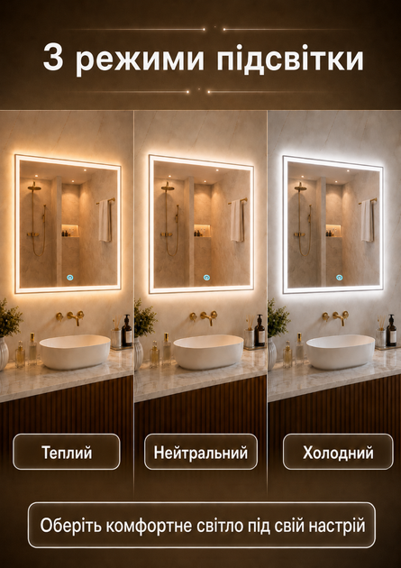 Зеркало с подсветкой для гостиной настенное квадратное LED зеркало для макияжа косметическое 60х60см Asans - изображение 2