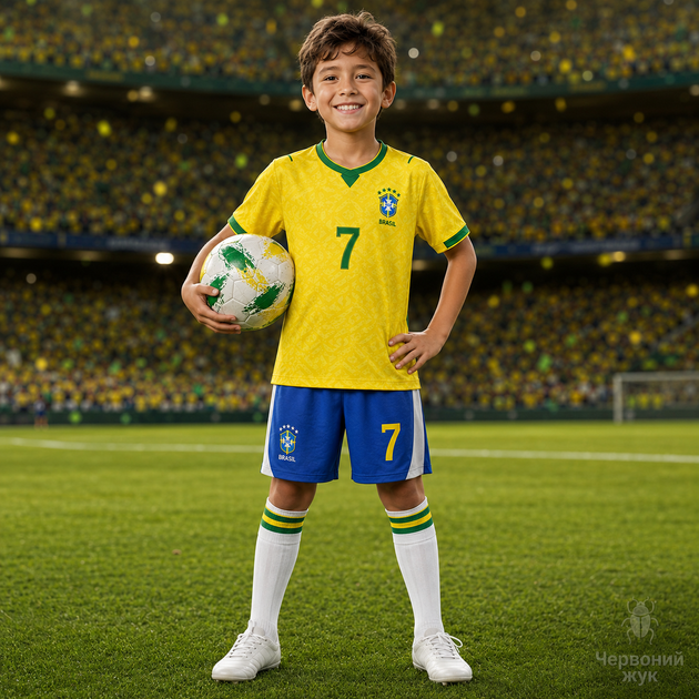 Форма футбольна дитяча Brazil 2026 Vini JR 7 жовта синя комплект футболка та шорти розмір 22 — зріст 120–130 см - изображение 4