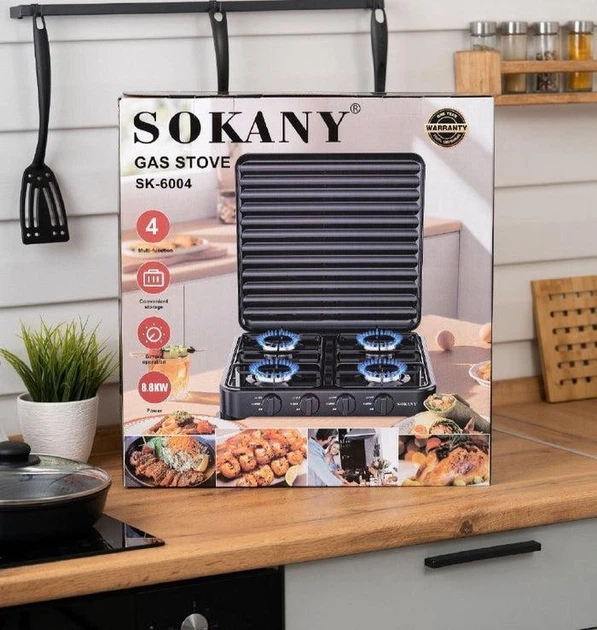Газовая настольная плита Sokany SK-6004, 4 конфорки, черная - Фото 5 Газовая настольная плита Sokany SK-6004, 4 конфорки, черная - изображение 5