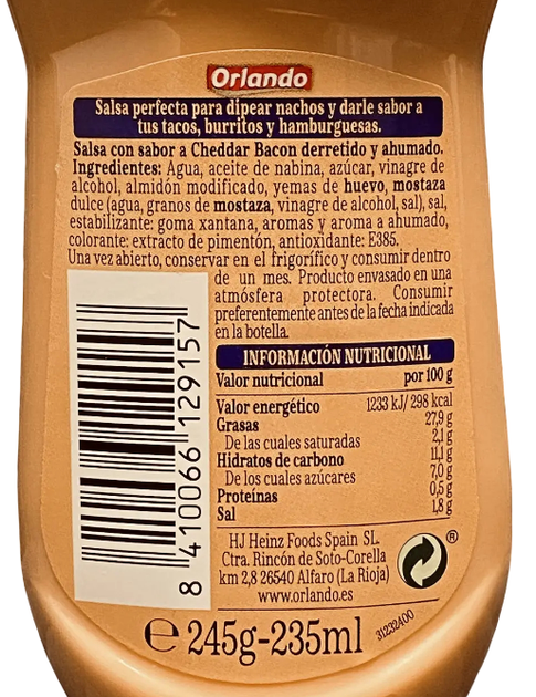 Сирний соус для начос та бургерів Orlando Cheddar Bacon 245 г - Фото 2 Сирний соус для начос та бургерів Orlando Cheddar Bacon 245 г - зображення 2