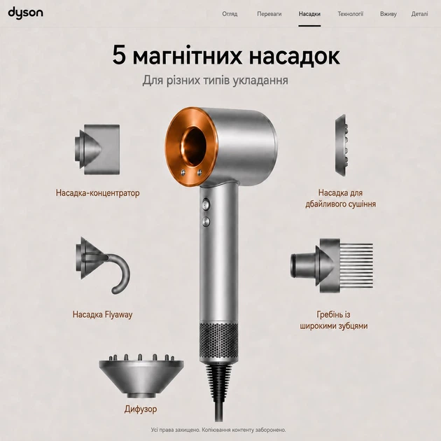 Фен Dyson HD07 Supersonic Air Multiplier nickel/cooper для волосся з контролем температури та насадками - Фото 8 Фен Dyson HD07 Supersonic Air Multiplier nickel/cooper для волосся з контролем температури та насадками - зображення 8