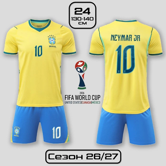 Футбольная форма Неймар (Neymar Jr) №10 Бразилия 26/27 детская и подростковая 24 (130-140см) домашняя жолто-синяя - Фото 1 Футбольная форма Неймар (Neymar Jr) №10 Бразилия 26/27 детская и подростковая 24 (130-140см) домашняя жолто-синяя - изображение 1