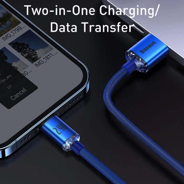 Кабель Baseus Crystal Shine Series Fast Charging Data Cable USB to iP 2.4A 2m Blue - изображение 6