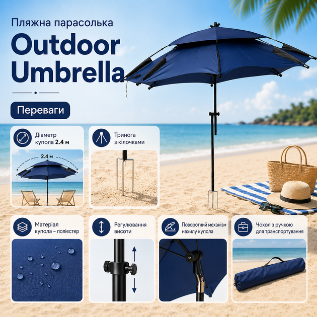 Пляжный зонт Outdoor Umbrella 2,4 м с наклонным механизмом, треногой с колышками, чехлом для переноски, защитой от солнца и ветра - Фото 4 Пляжный зонт Outdoor Umbrella 2,4 м с наклонным механизмом, треногой с колышками, чехлом для переноски, защитой от солнца и ветра - изображение 4