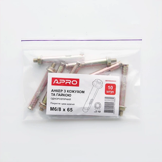 Анкер з кожухом і гайкою М6/8*100 цинк жовтий (пач 10шт) APRO - зображення 4